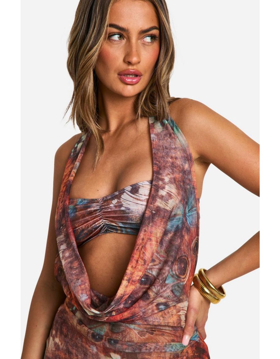 Butterfly Printed Cowl Neck Maxi Beach Dress - brown - 3