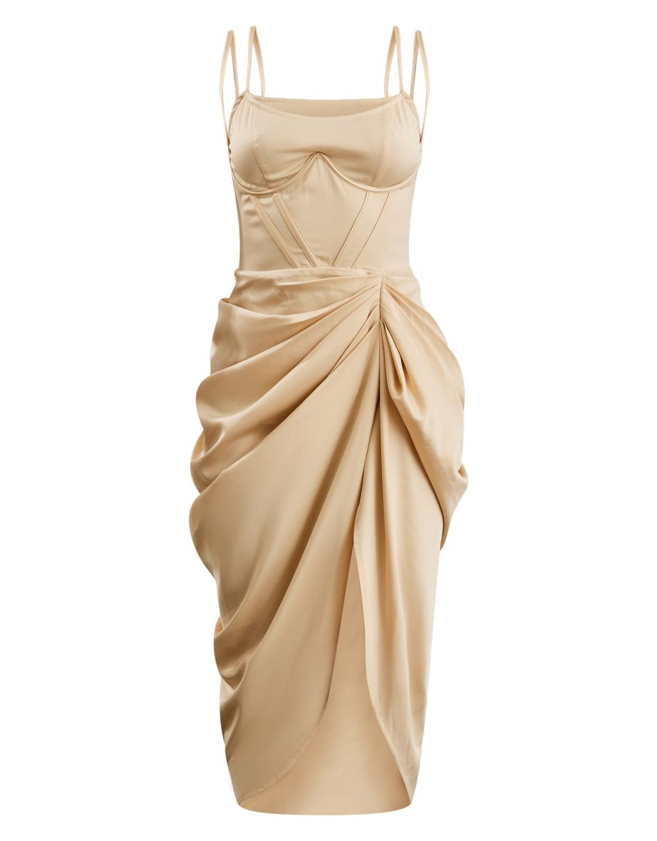 Champagne Satin Underwired Draped Skirt Midi Dress - 4
