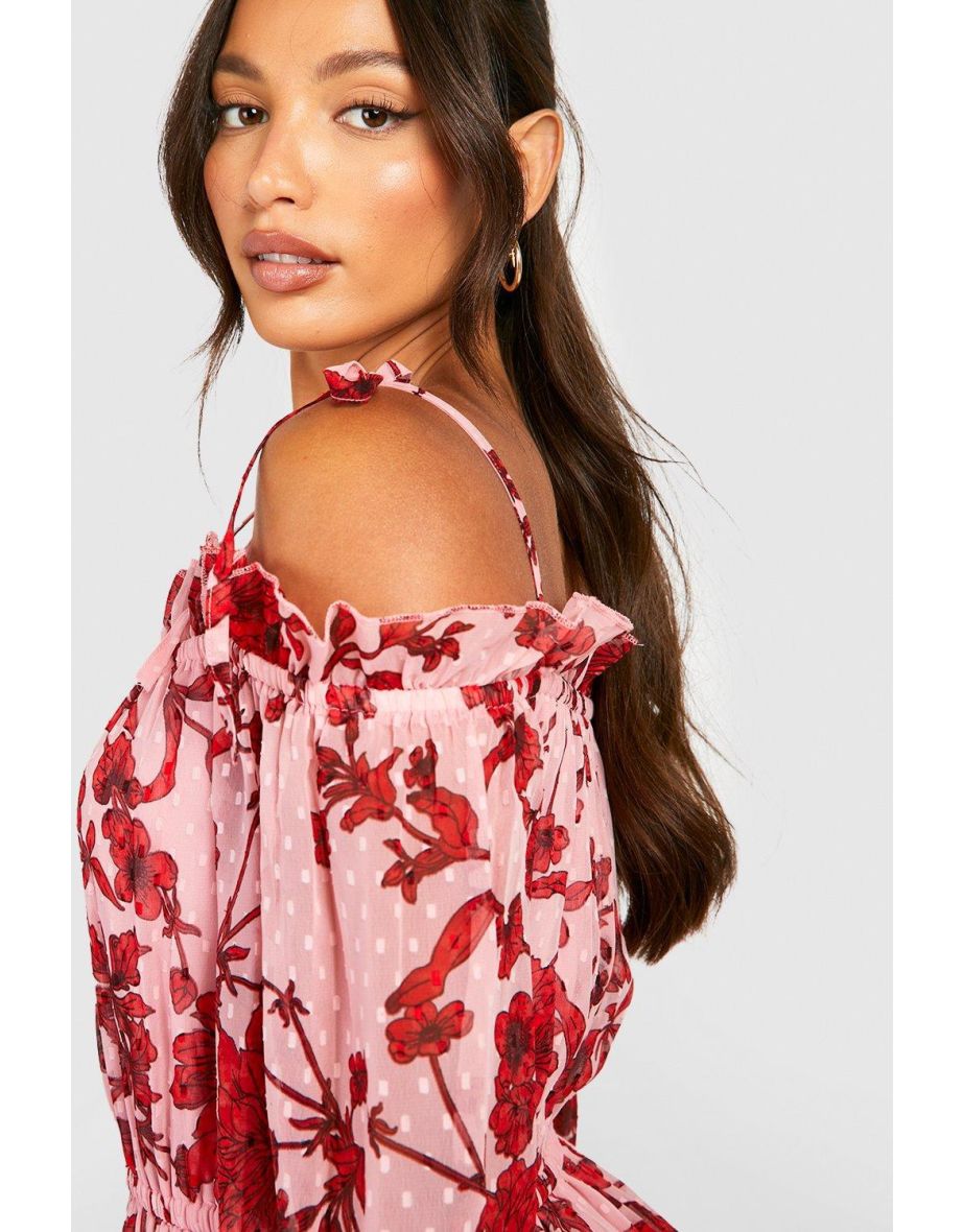 Tall Floral Dobby Cold Shoulder Tiered Midi Skater Dress - pink - 3
