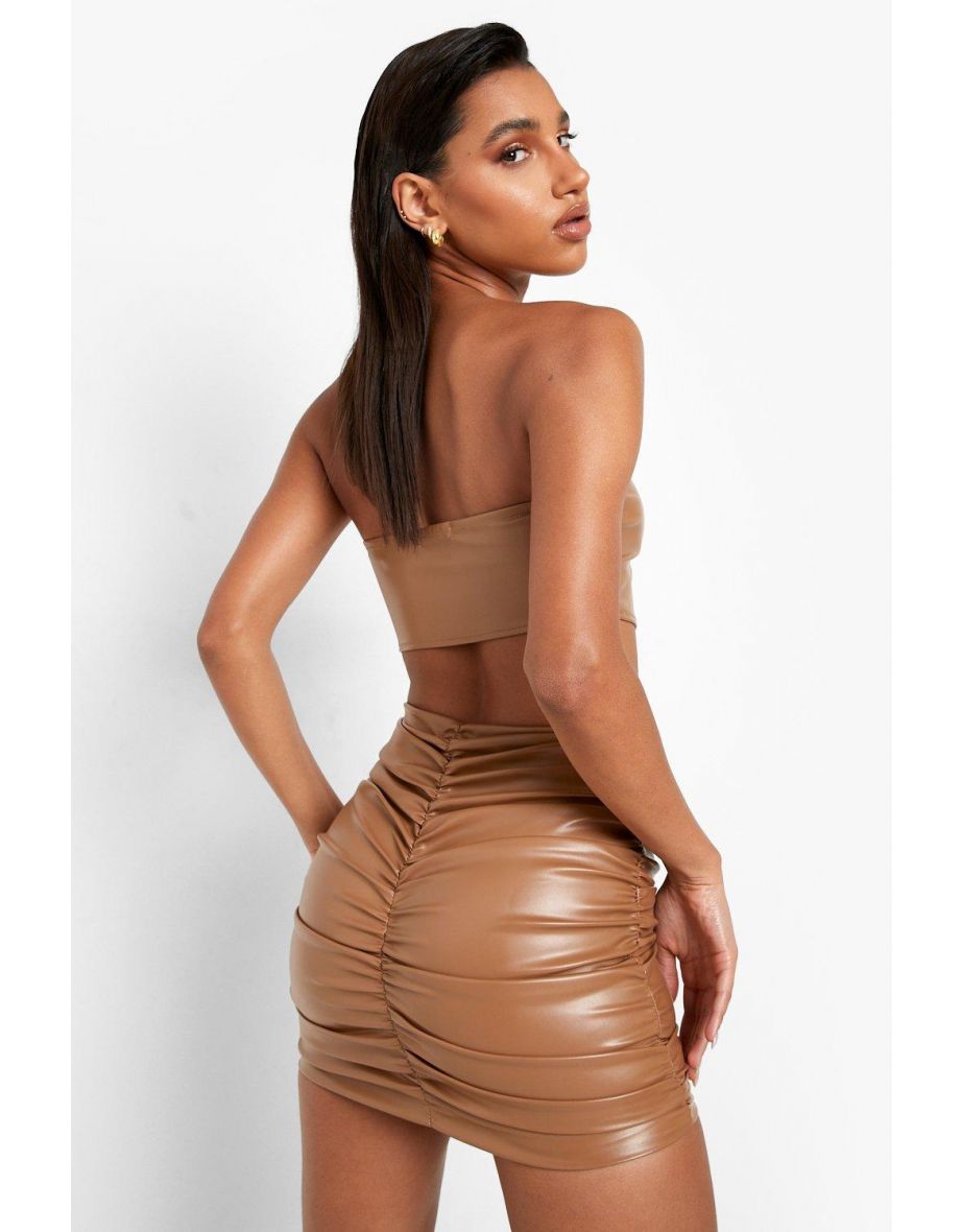 Mix & Match Leather Look Ruched Mini Skirt - caramel
