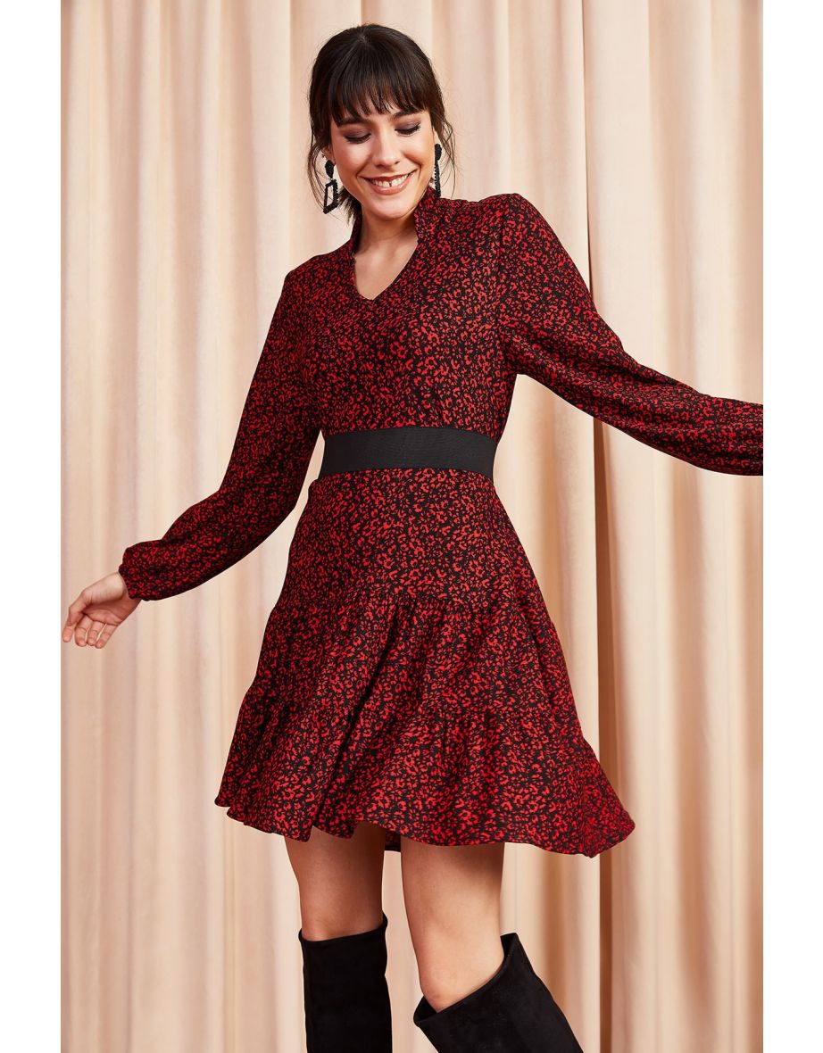 Women's Red V-Neck Ruffle Dress