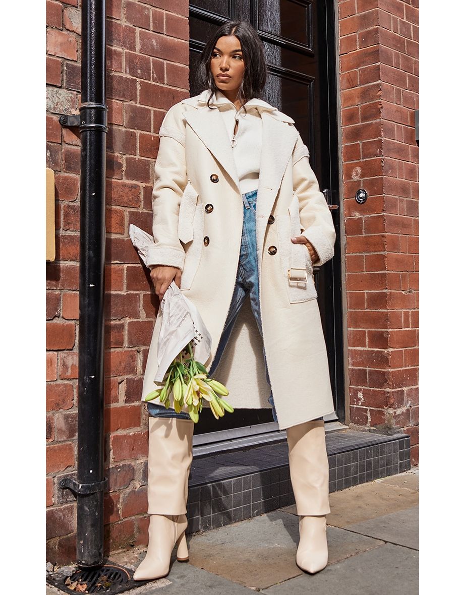 Cream Beige PU Borg Reversible Trench Coat