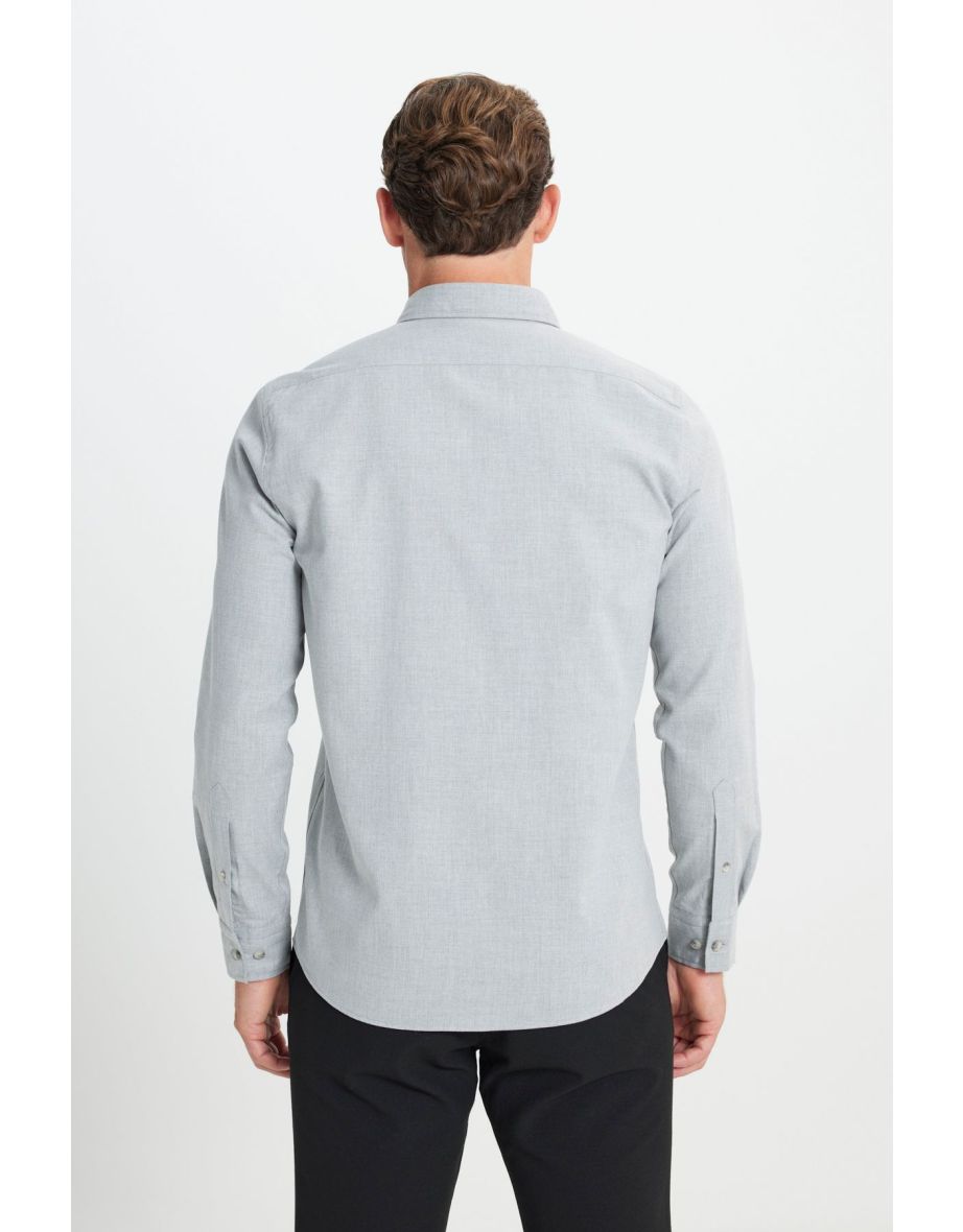 Men's Light Gray Slim Fit Slim Fit Button Collar Flannel Lumberjack Winter Shirt - 5