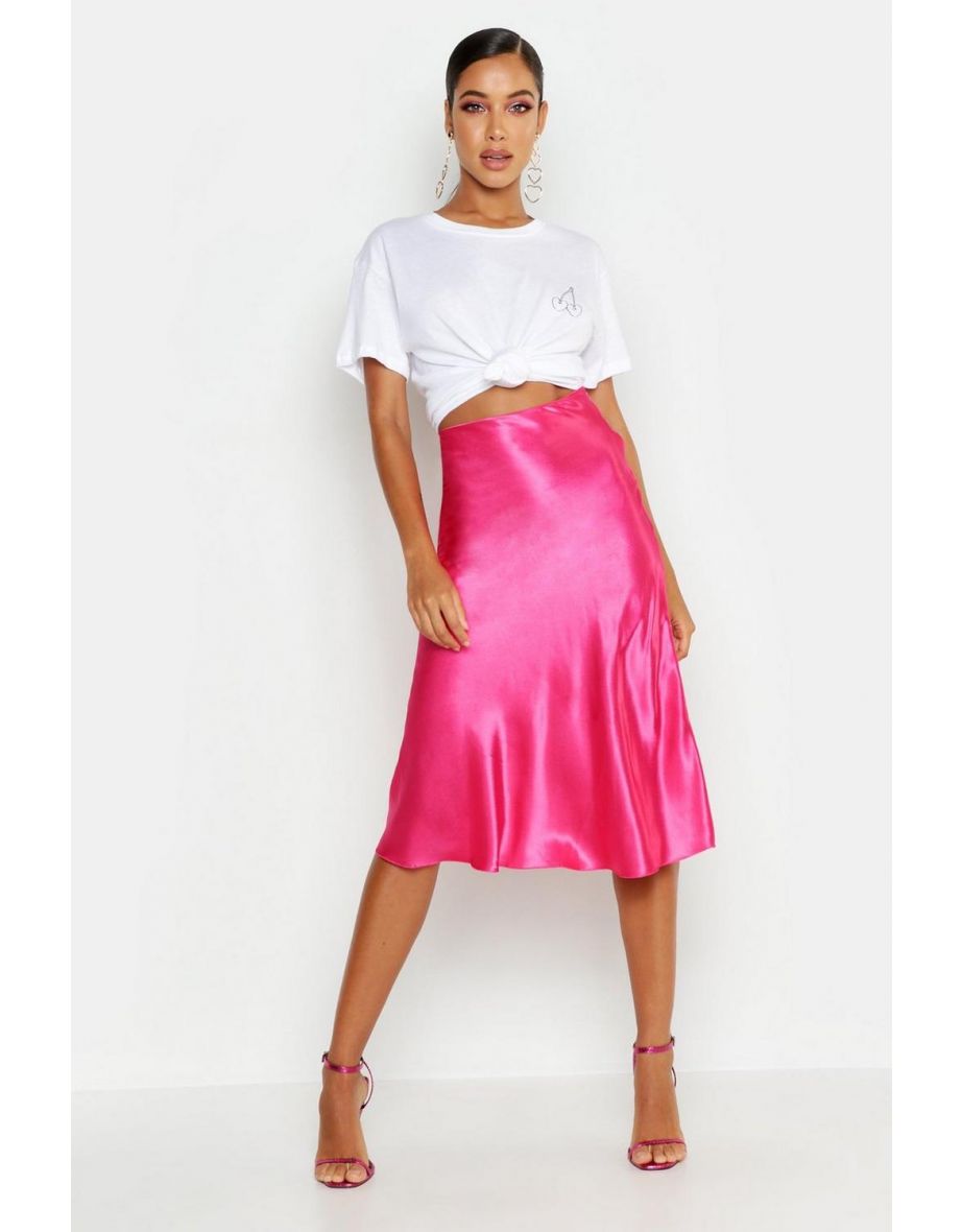 Satin Bias Cut Slip Midi Skirt - pink