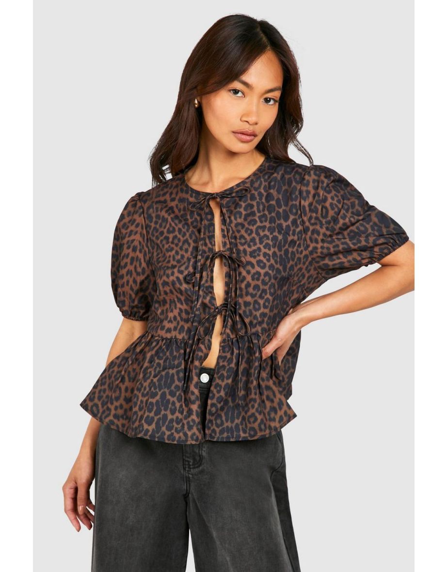 Leopard Puff Sleeve Bow Tie Top