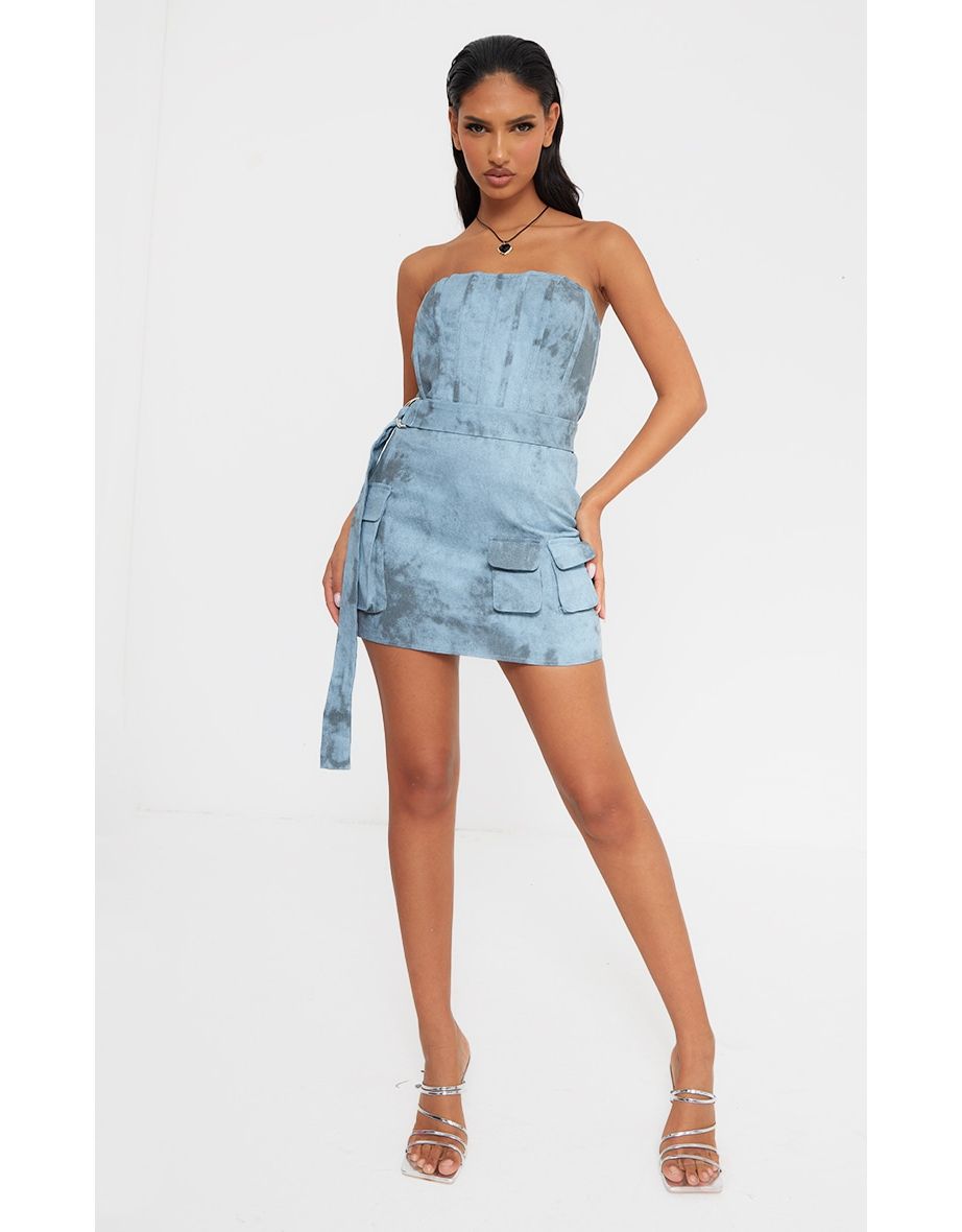 Blue Acid Wash Corset Belted Pocket Bodycon Dress