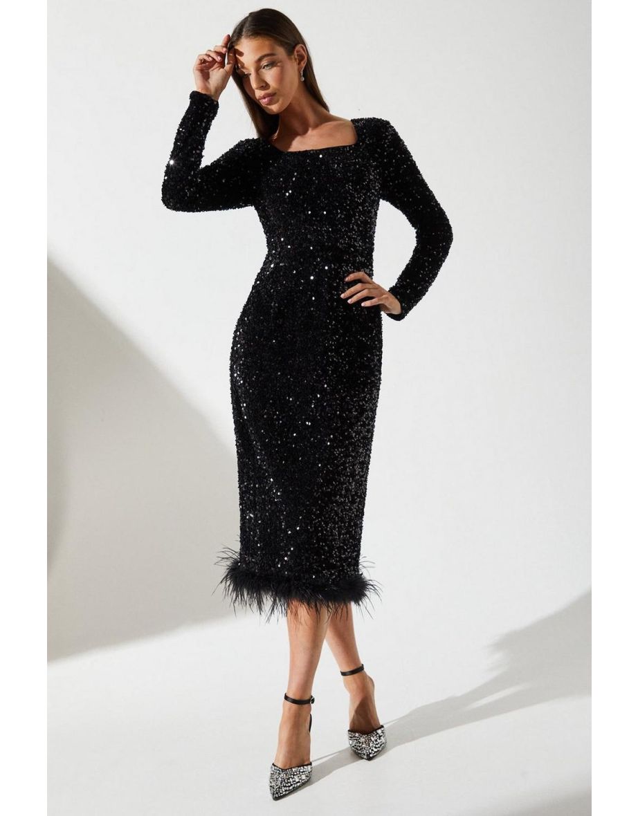 Square Neck Velvet Sequin Feather Hem Pencil Midi Dress