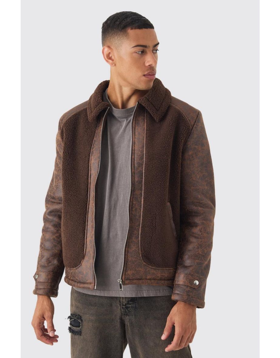 Washed Pu And Borg Panel Harrington Jacket In Brown - brown