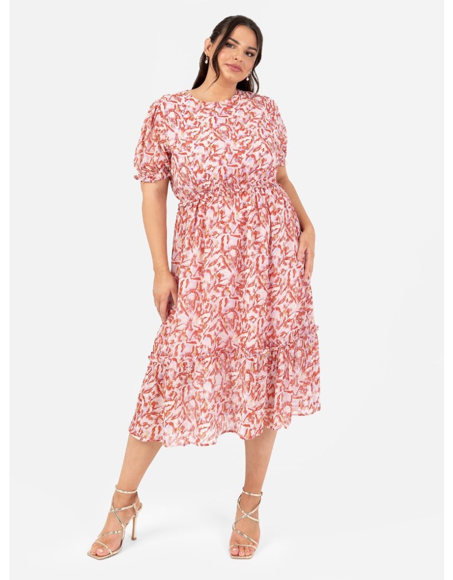 Lovedrobe Round Neckline Abstract Midi Dress with Gold Detail