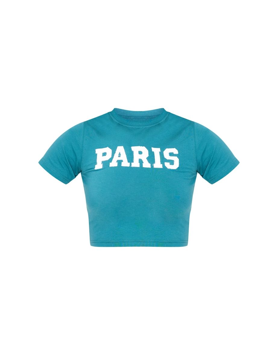Tall Forest Green Embroidered Paris Slogan Crop Top - 4
