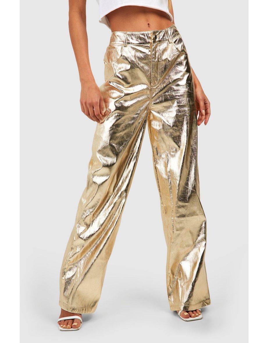 High Waisted Metallic Full Length Trousers - gold - 3