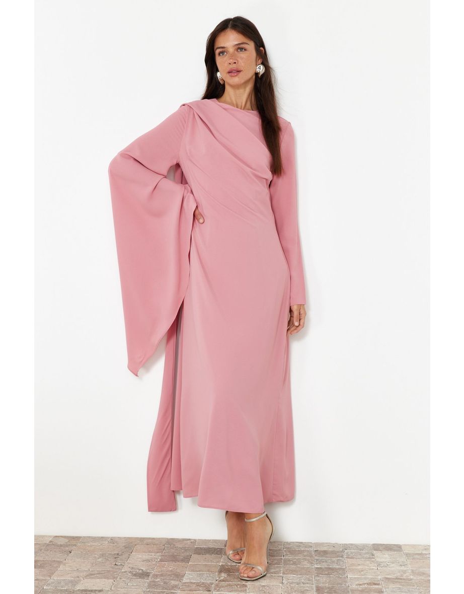 Dusty Rose Shawl Detailed Evening Dress