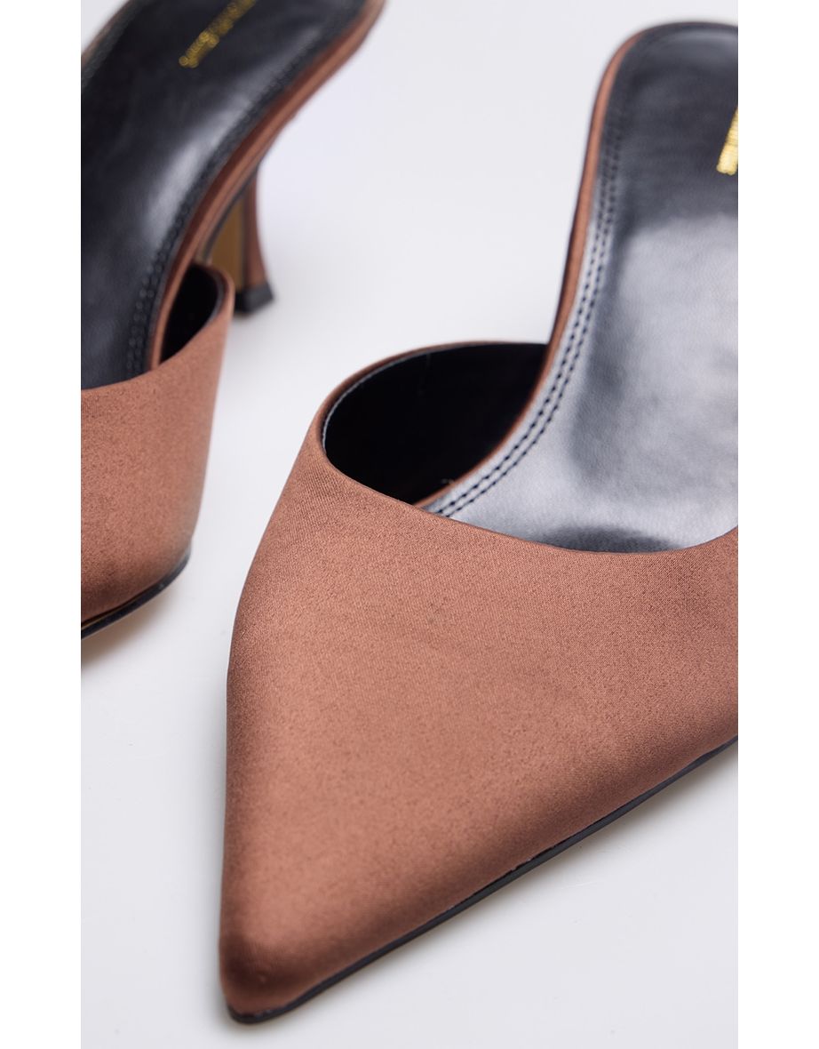 Chocolate Satin Point Toe Mid Stiletto Heeled Mules - 3