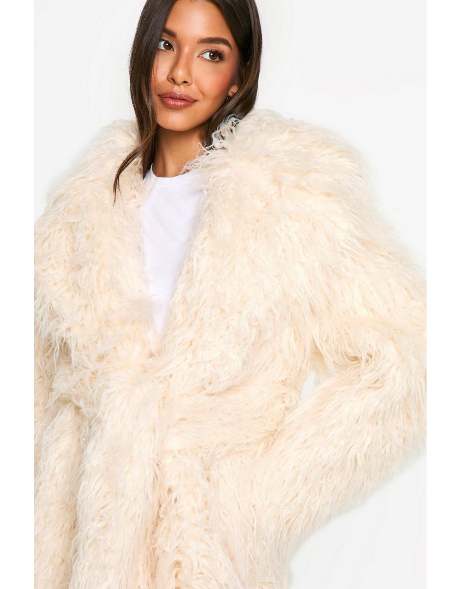 Faux Mongolian Fur Belted Coat - cream - 3