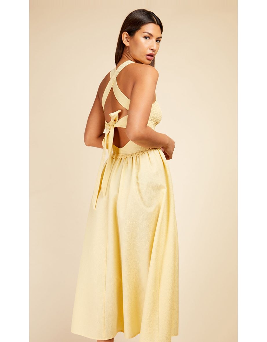 Butter Yellow Tie Back Shirred Midaxi Dress - 5