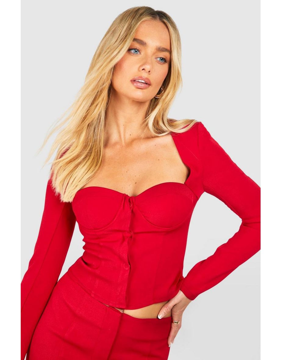 Woven Structured Sweetheart Neck Top - red - 3