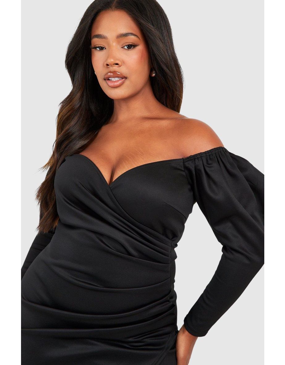 Plus Off Shoulder Pleated Detail Wrp Dress - black - 3