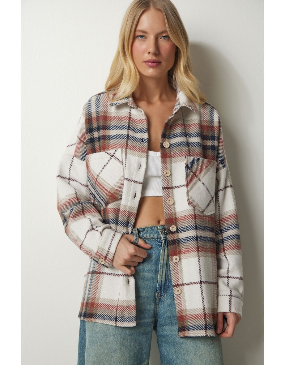 Women's Tile Cream Patterned Oversized Stamp Lumberjack Shirt