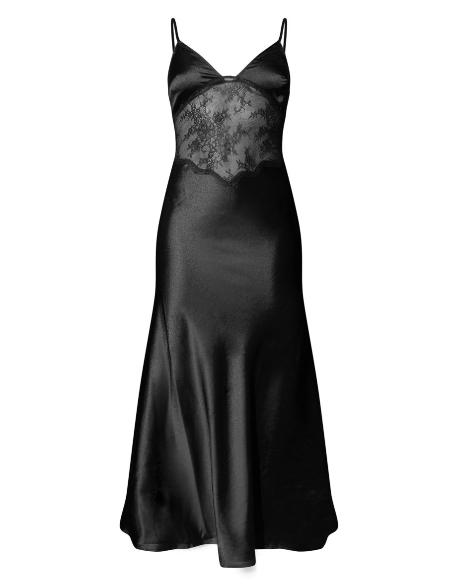 Black Lace Panel Satin Maxi Dress - 4