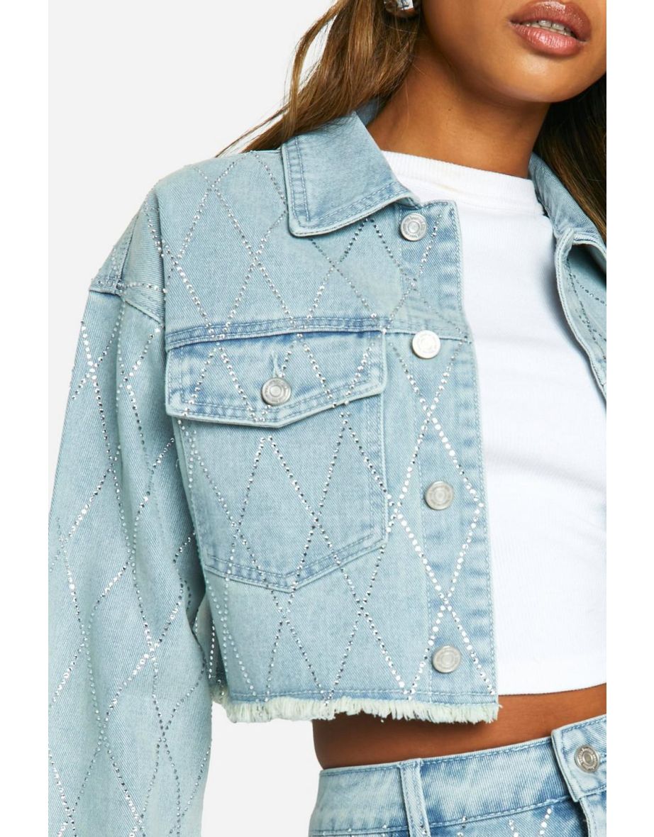 Diamante Hot Fix Fray Hem Crop Denim Jacket - 3