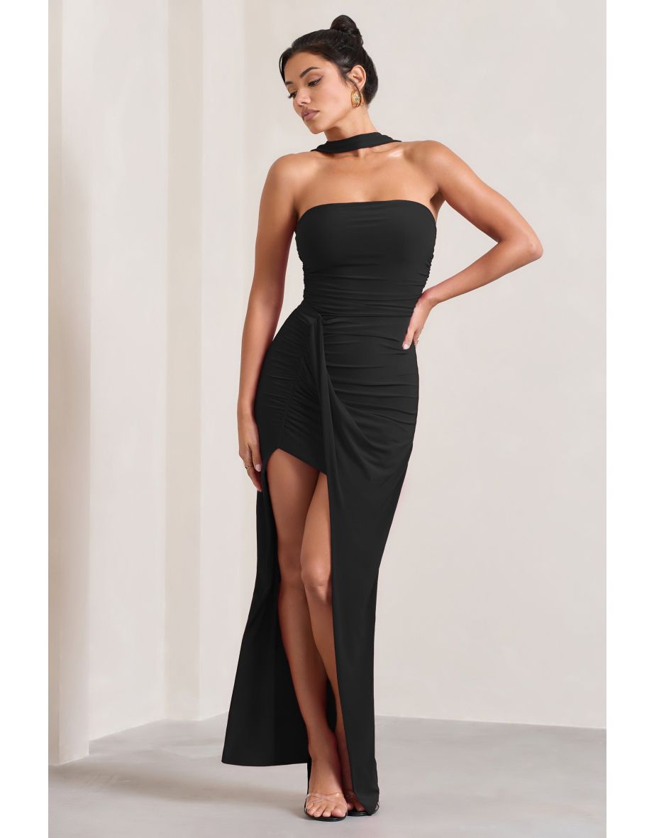 Paprika | Black Ruched Halter-Neck Bandeau Maxi Dress - 4
