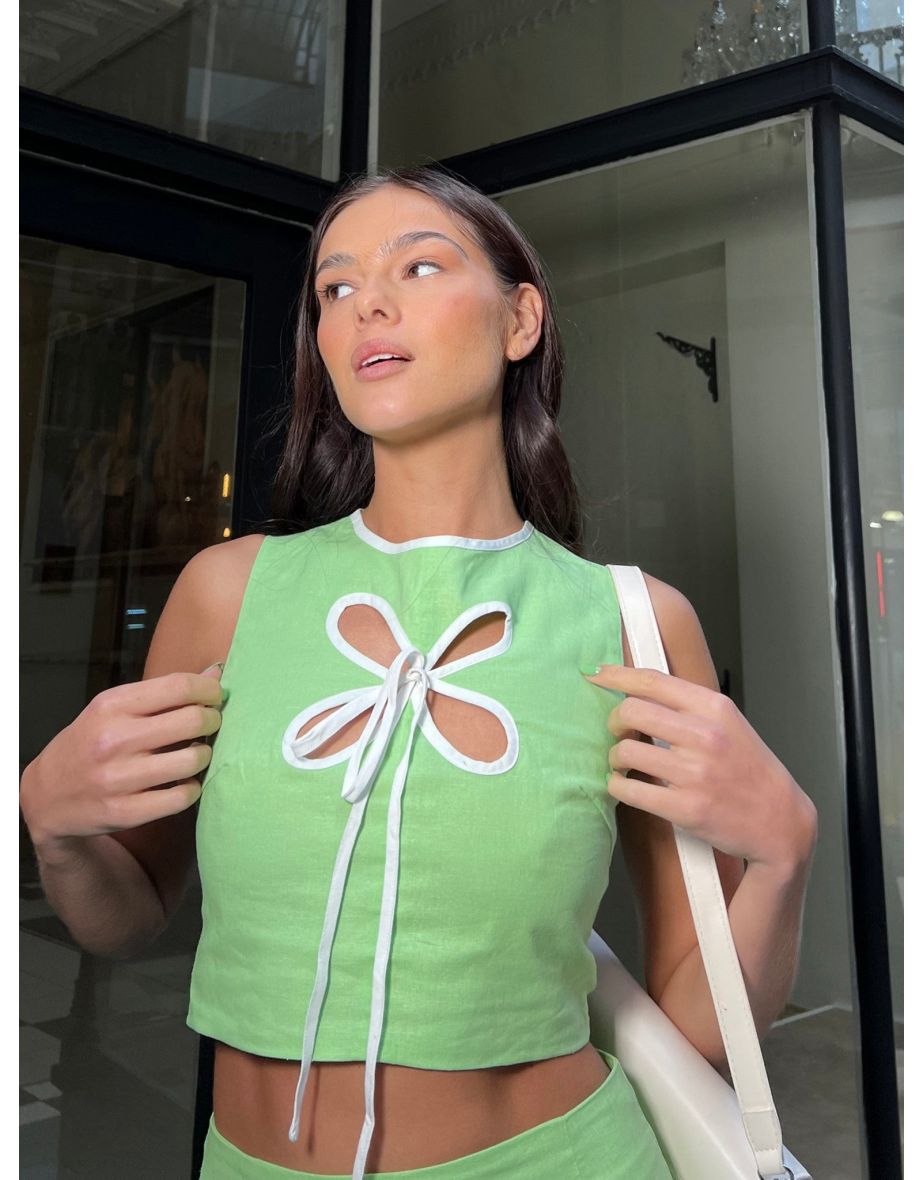 Paradise-Green White Flower Cut-Out Tank-Top