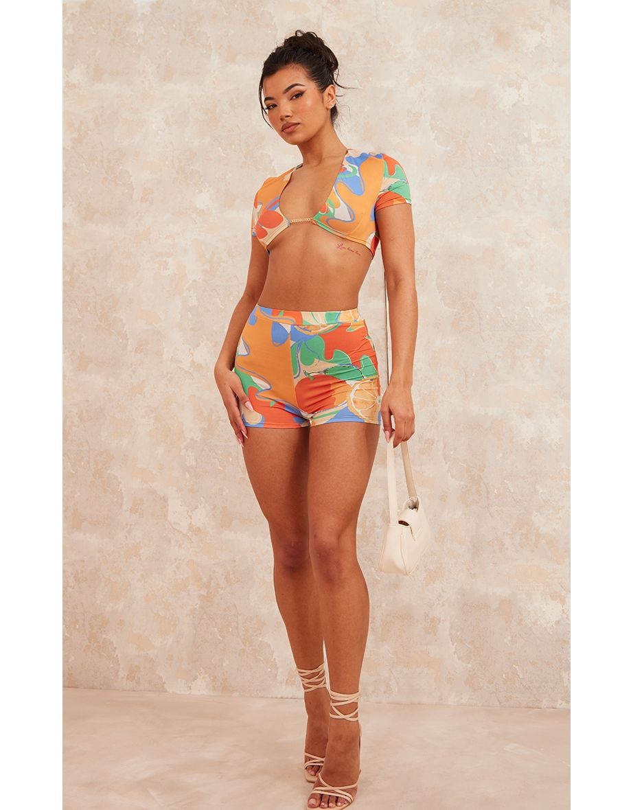 Orange Abstract Print High Waisted Shorts