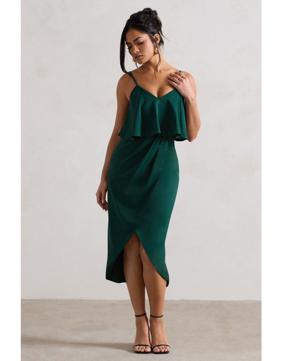 Faro | Bottle Green Strappy Draped-Neck Wrap  Dress