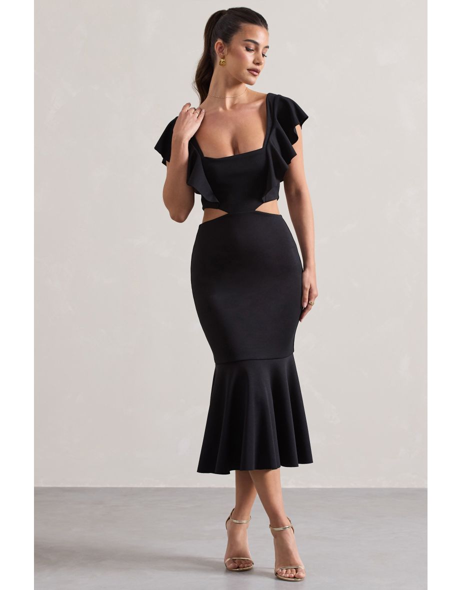 Macey | Black Square-Neck Cut-Out Ruffled Midi Dress - 4