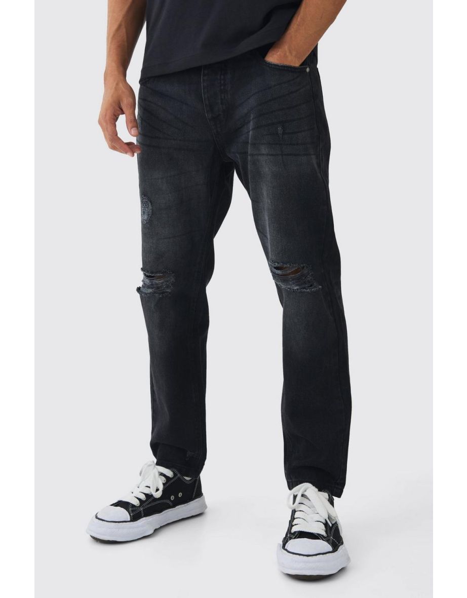 Straight Leg Distressed Ripped Knee Jeans - washed black