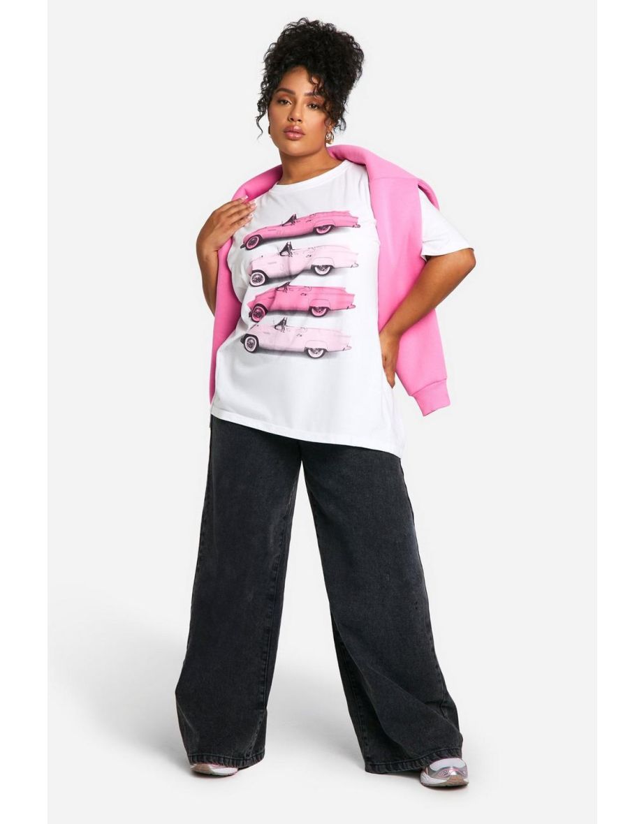 Plus Pink Cars Printed Oversized T-shirt - white