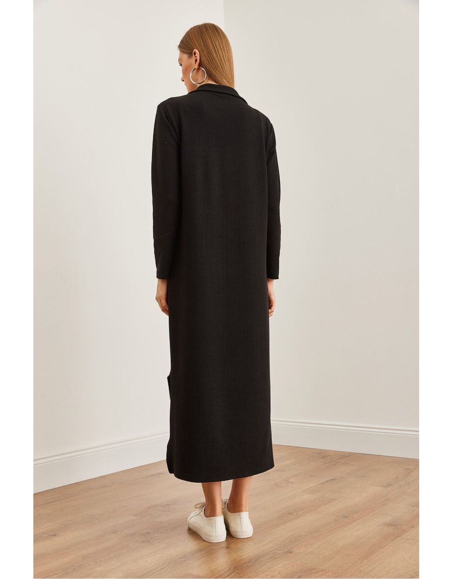 Women's Black Polo Neck Long Sleeve Slit Burgundy Dress - 4