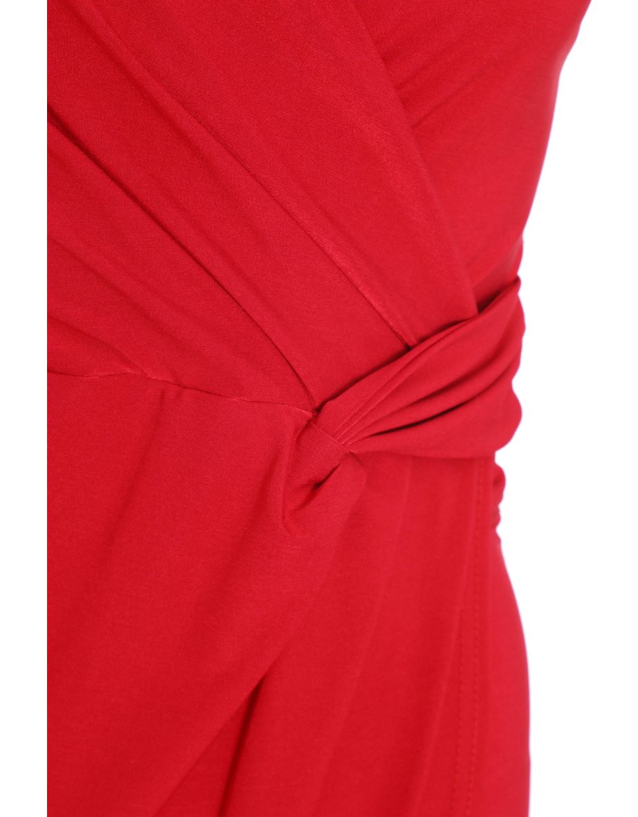 Petite Red Knot Ruched Wrap Midi Dress - 5
