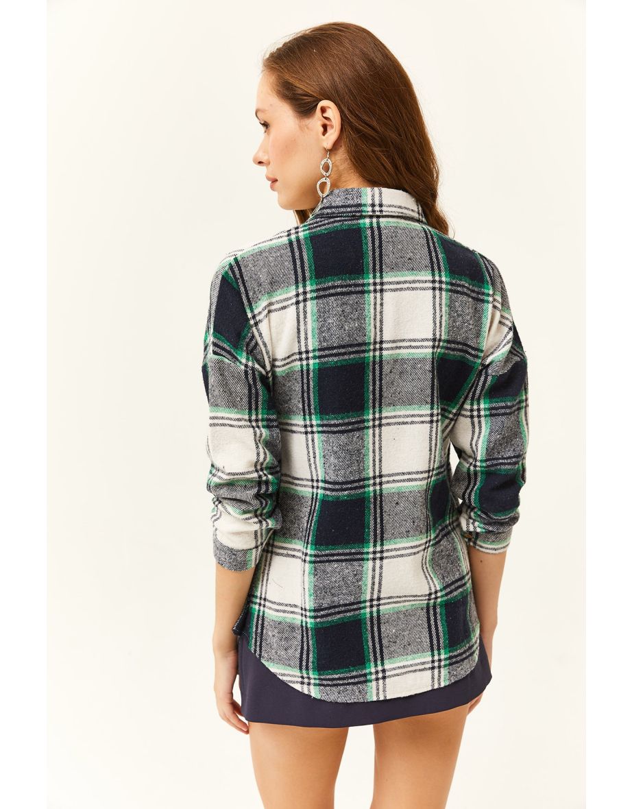 Women's Ecru Green Plaid Lumberjack Shirt - 4