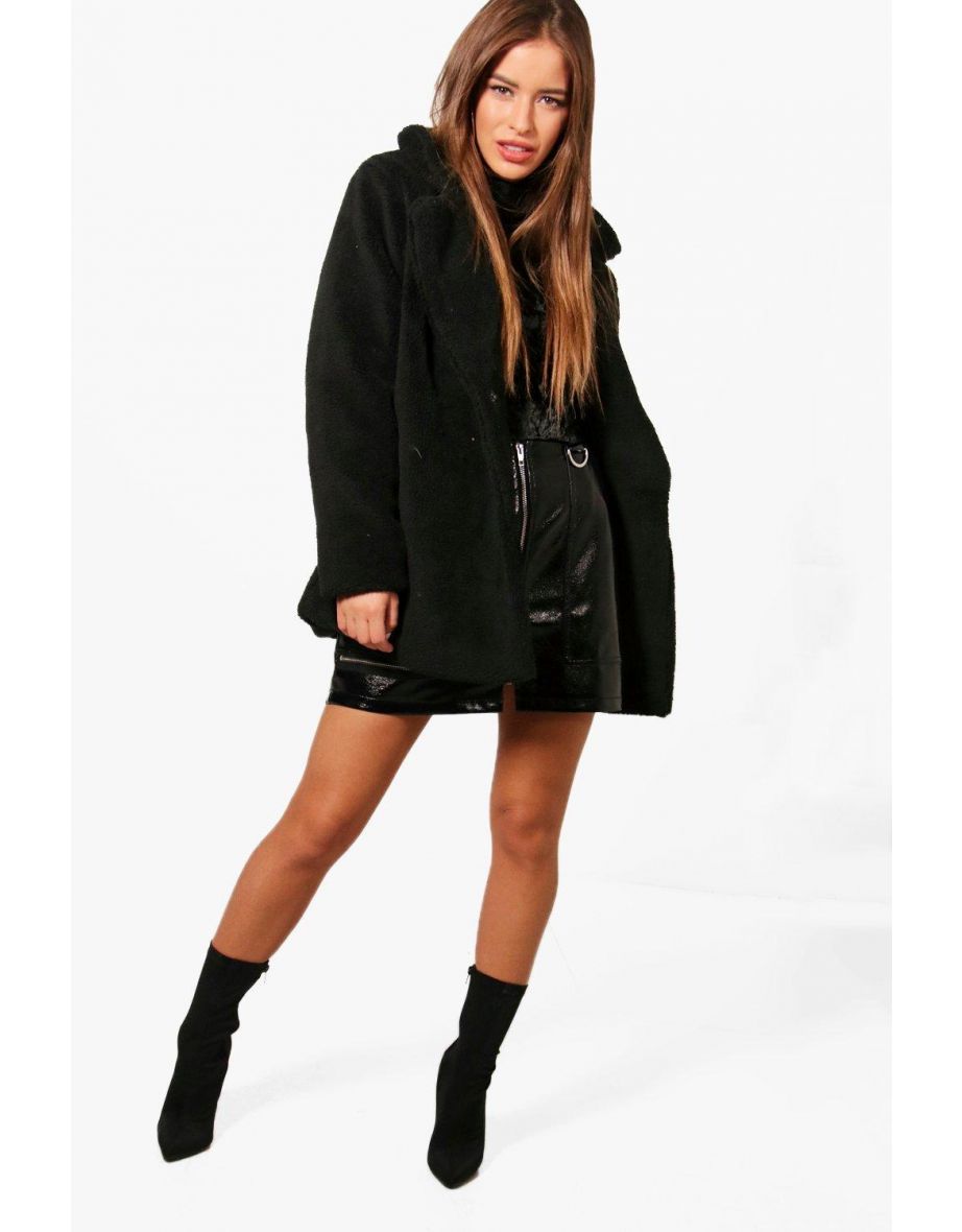Petite Double Breasted Teddy Coat - black