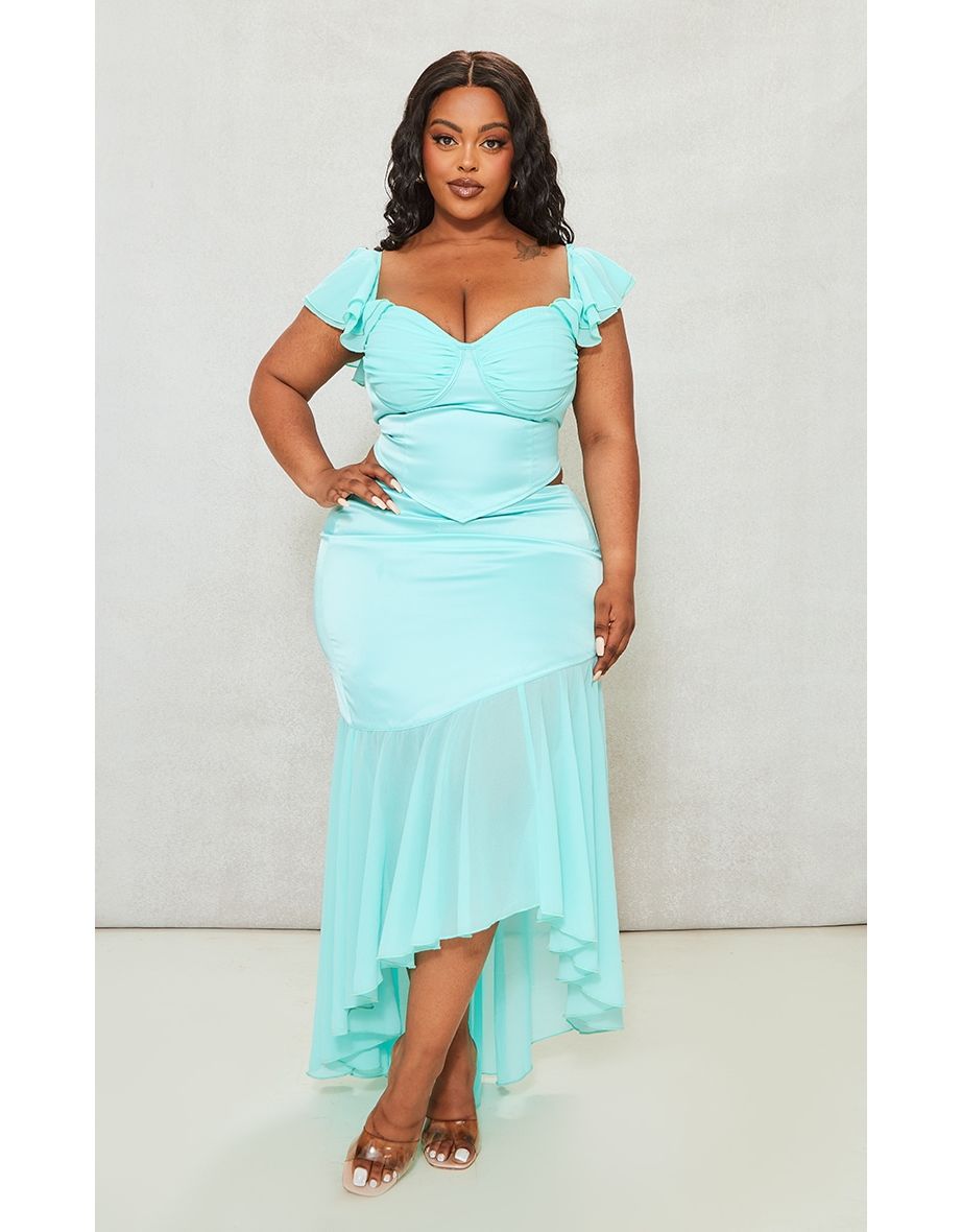 Shop Plus Turquoise Satin Chiffon Hem Midi Skirt Online in Oman VogaCloset