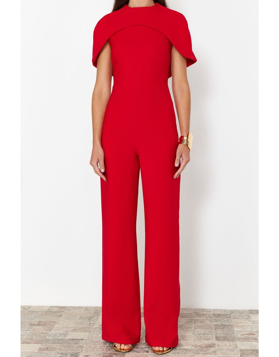 Stylish Jumpsuit with Red Cape Detail - 5