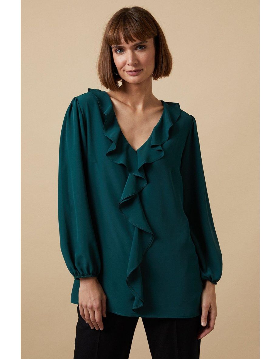 Tall Plain Ruffle Front Long Sleeve Top