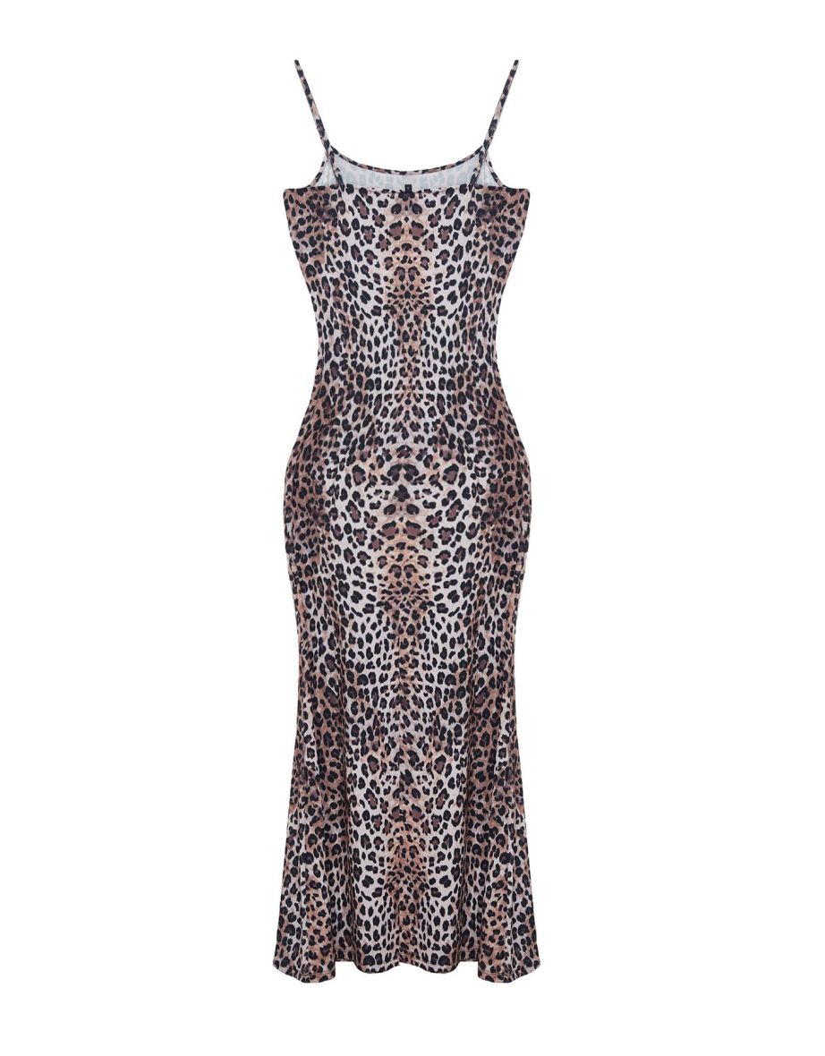 Brown Leopard Patterned Bodycone/Fitting Strappy Knitted Maxi Dress - 6