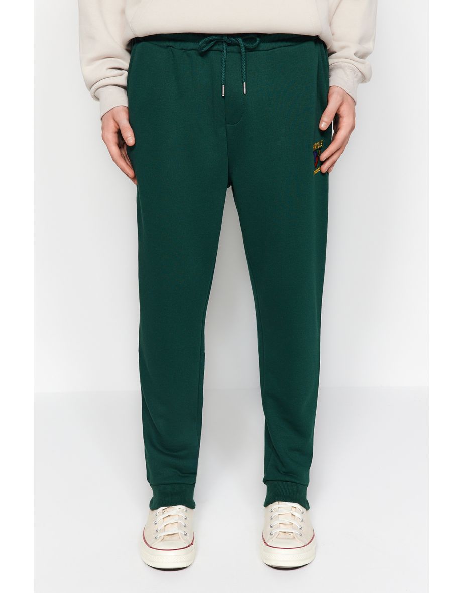 Men's Green Regular/Regular Fit Geometric-Texture Embroidered Drawstring Elastic Leg Sweatpants.