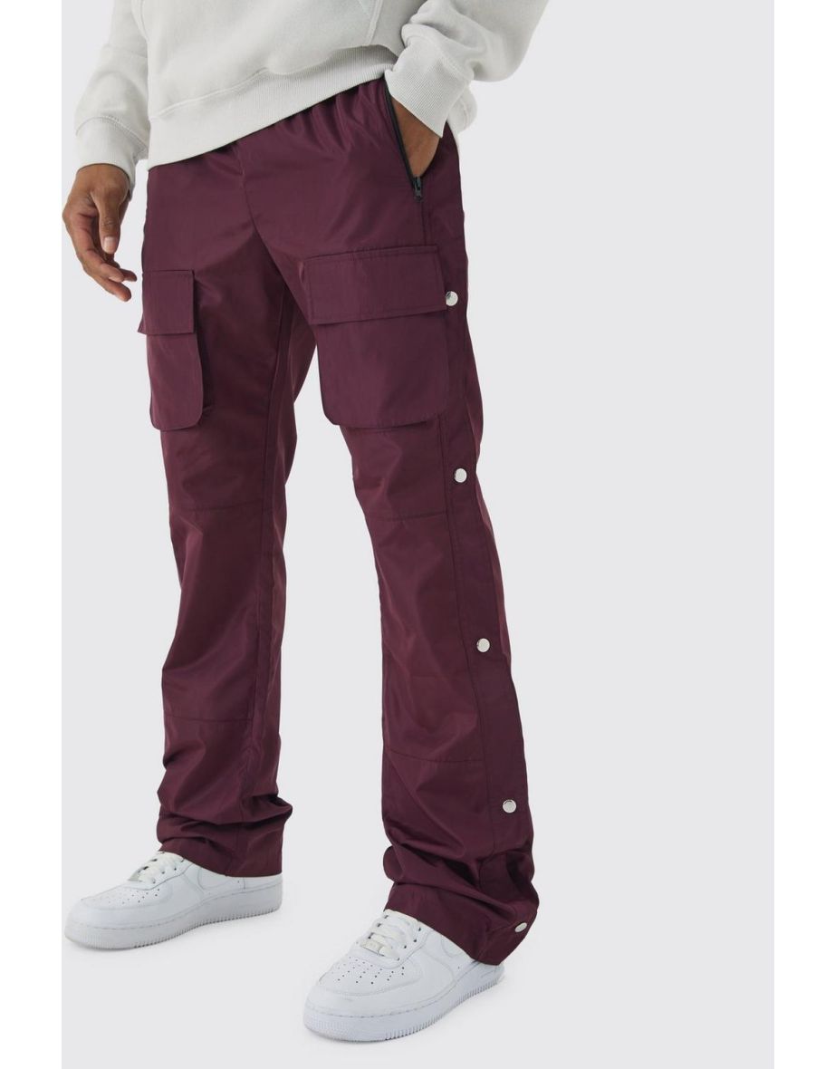 Elasticated Waist Slim Flare Stacked Cargo Trousers - burgundy