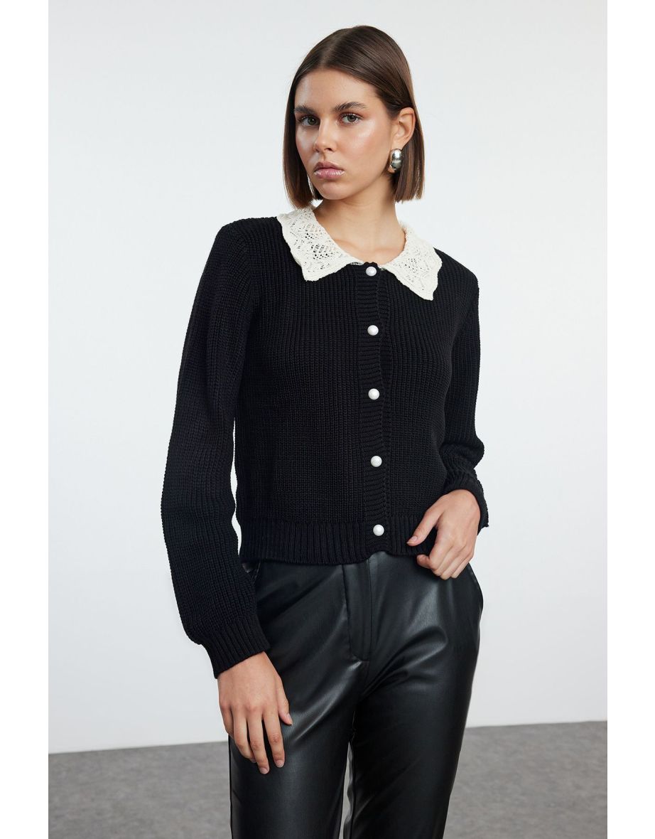 Black Soft Textured Garni Detailed Knitwear Cardigan