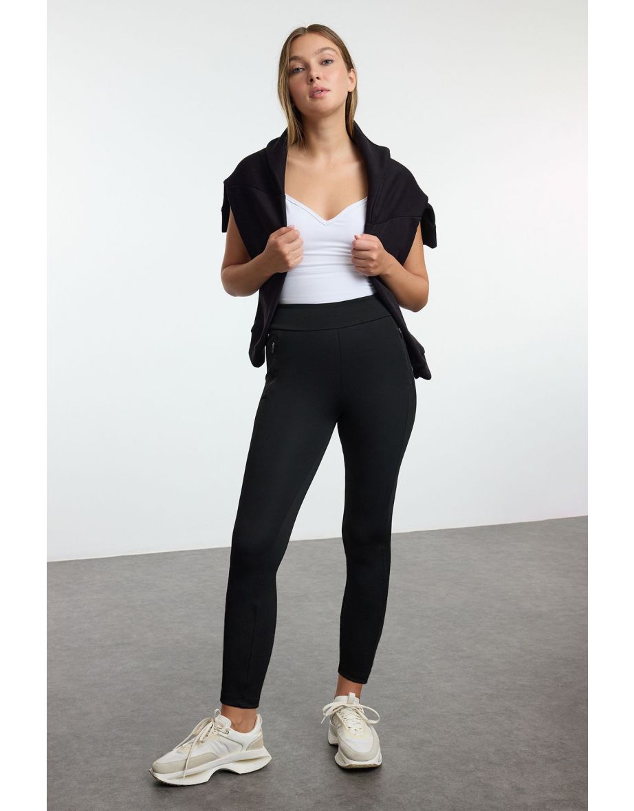 Black Brushed Soft Fabric, Fleece Inside and Zipper Pocket Detailed Knitted Full Length Sports Tights