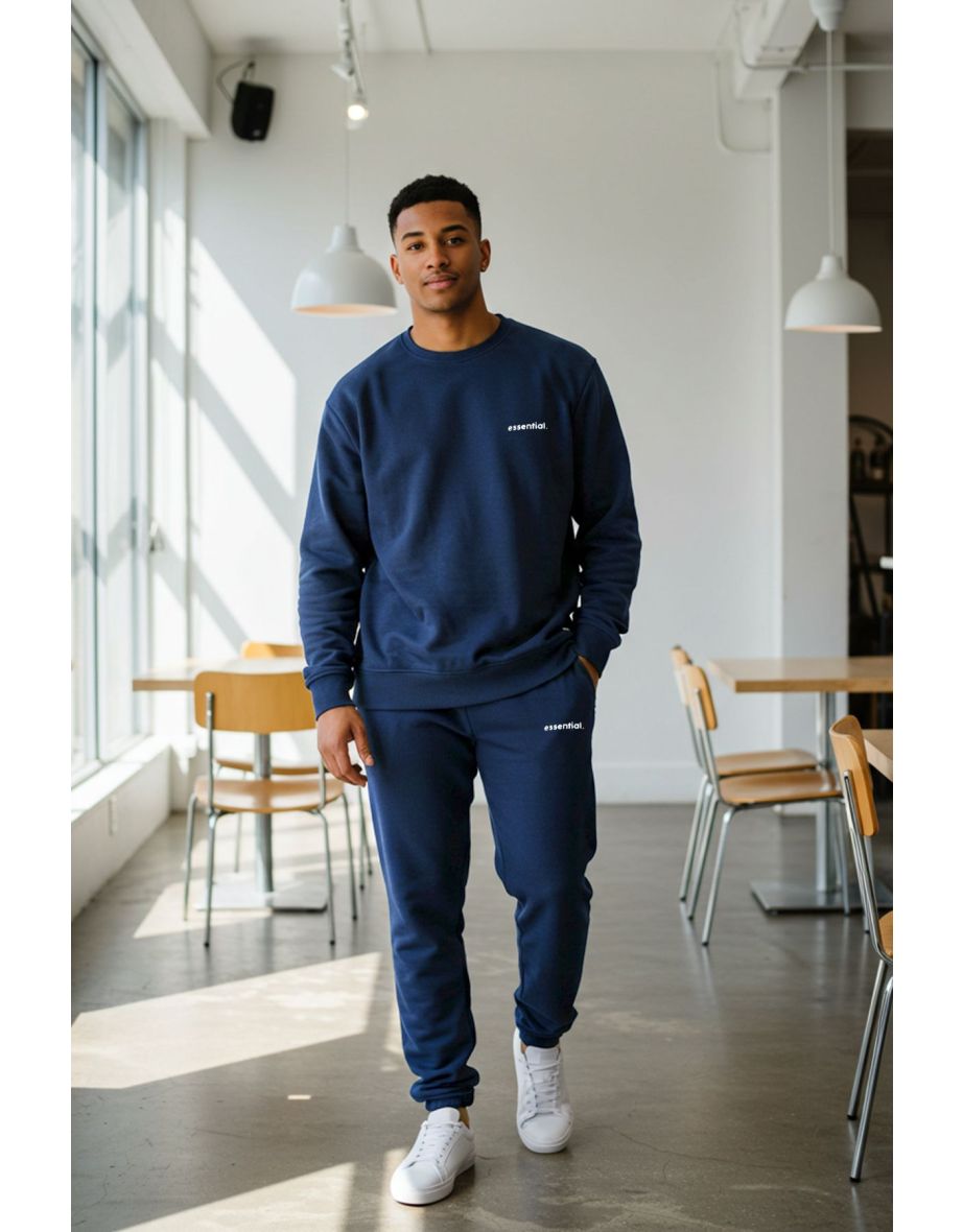 Indigo Tracksuit Set Oversize / Wide Cut Text Printed With Fleece Inside - 8