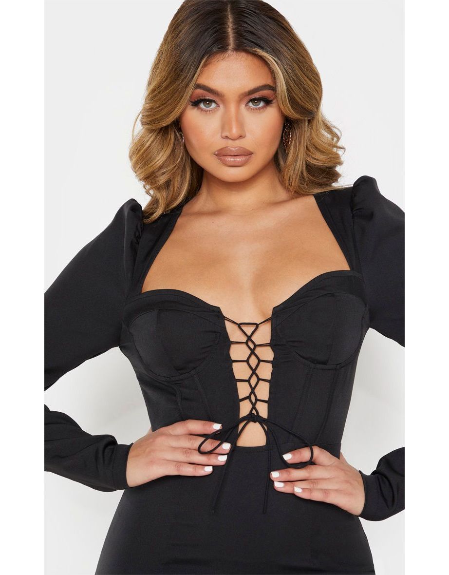 Black Lace Up Cup Detail Long Sleeve Bodycon Dress - 4