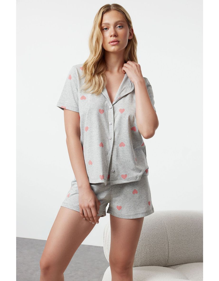 Gray Melange 100% Cotton Heart Single Jersey Knitted Pajama Set