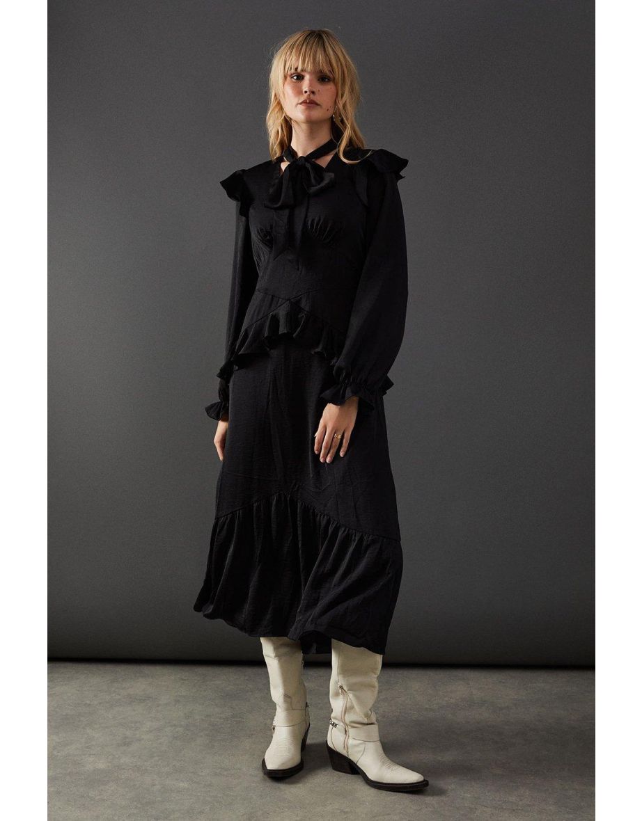 Satin Tie Neck Ruffle Midaxi Dress
