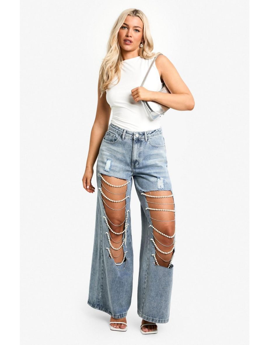 Pearl Trim Super Wide Leg Jeans - light wash