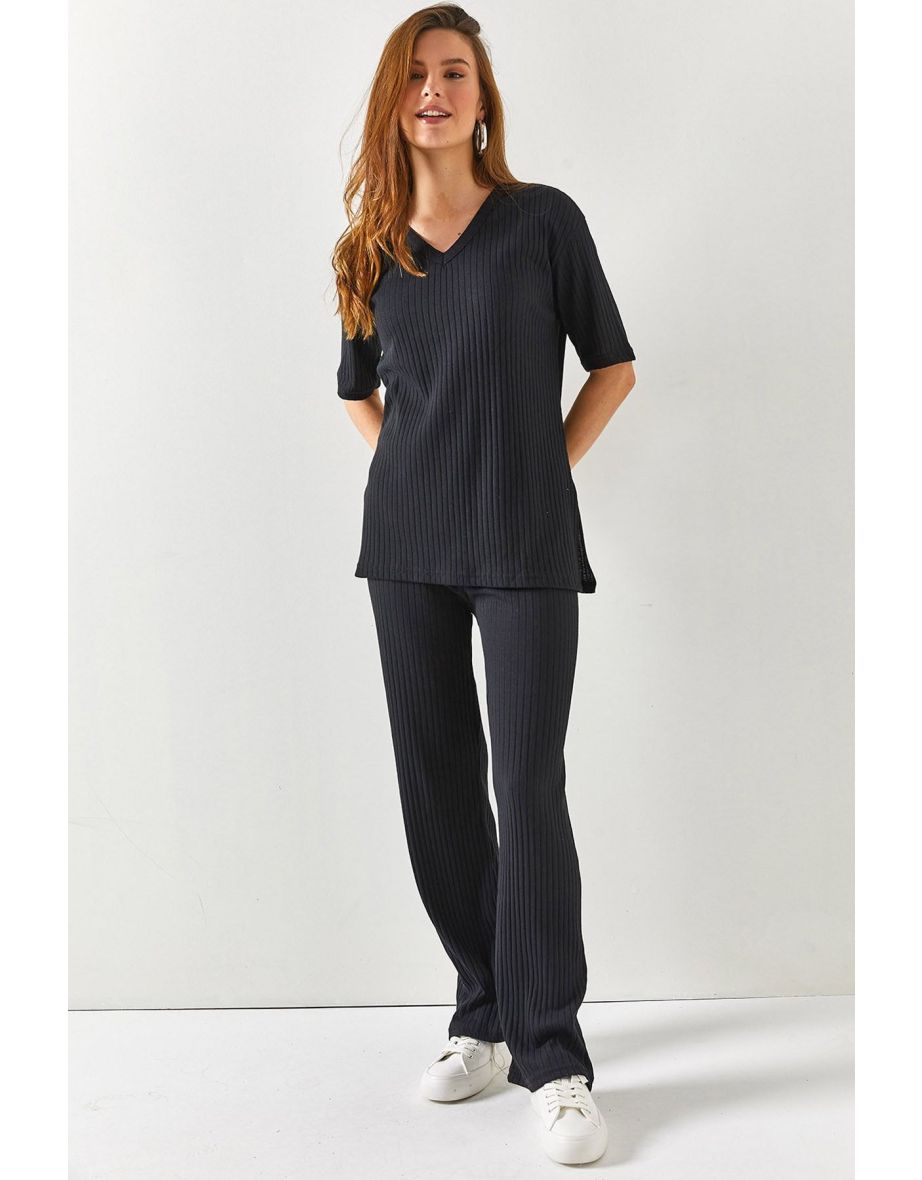 Women's Black Top V-neck Bottom Palazzo Corduroy Suit