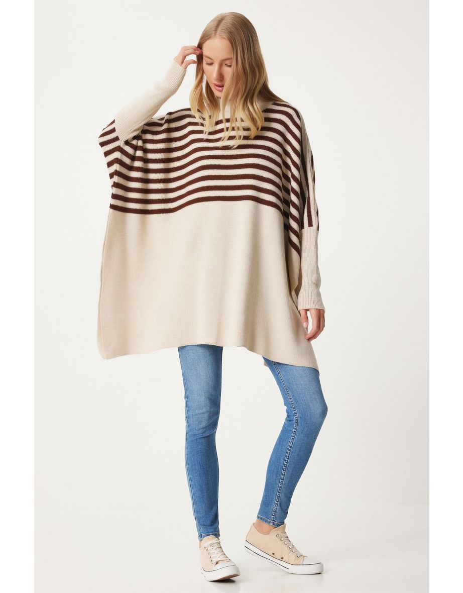 Women's Cream Striped Side Slit Oversize Poncho Sweater